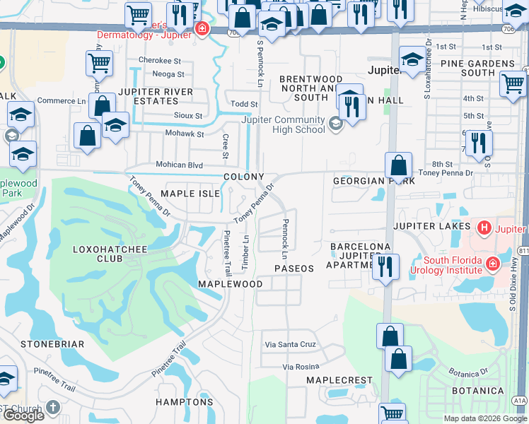 map of restaurants, bars, coffee shops, grocery stores, and more near 182 Via Catalunha in Jupiter
