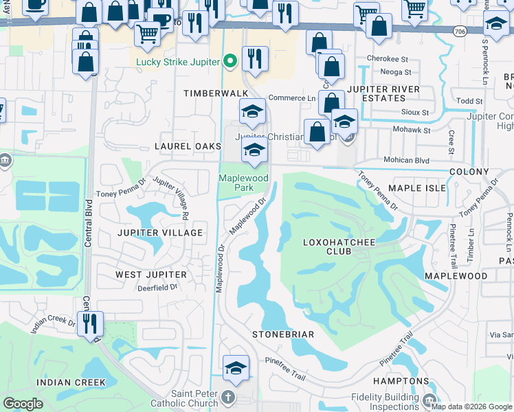 map of restaurants, bars, coffee shops, grocery stores, and more near 288 Locha Drive in Jupiter