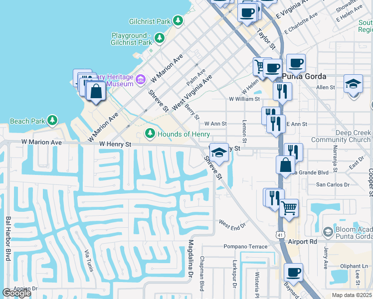 map of restaurants, bars, coffee shops, grocery stores, and more near 601 Shreve Street in Punta Gorda
