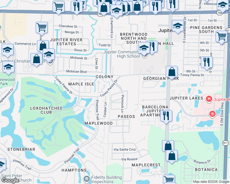 map of restaurants, bars, coffee shops, grocery stores, and more near 180 Via Catalunha in Jupiter