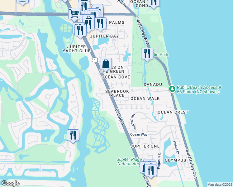map of restaurants, bars, coffee shops, grocery stores, and more near 202 Seabreeze Circle in Jupiter