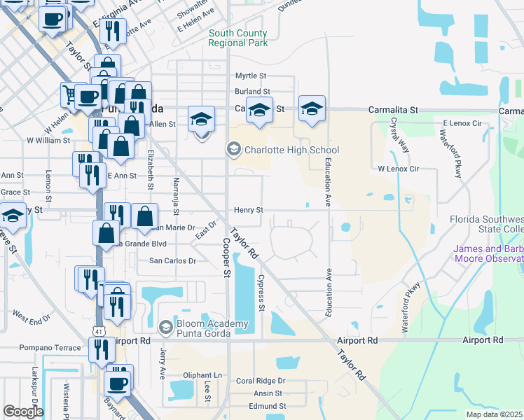map of restaurants, bars, coffee shops, grocery stores, and more near 603 Henry Street in Punta Gorda
