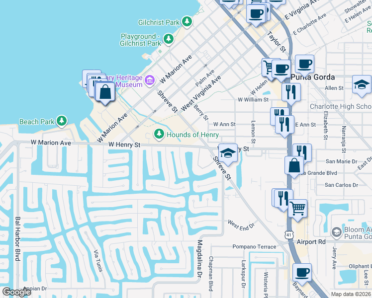 map of restaurants, bars, coffee shops, grocery stores, and more near 617 West Henry Street in Punta Gorda