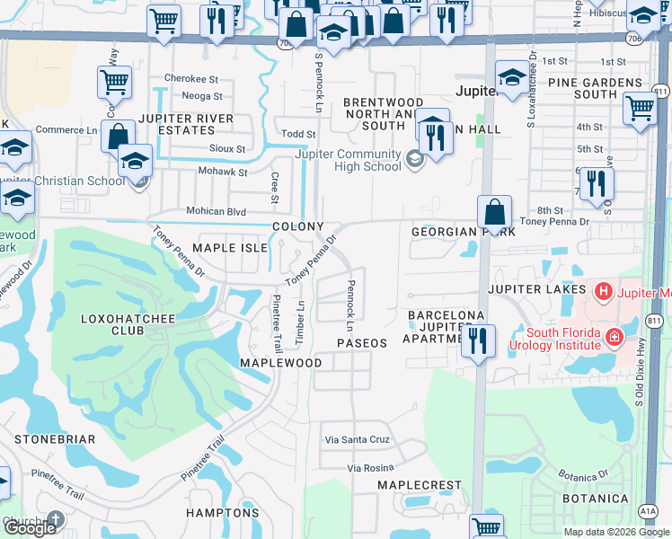map of restaurants, bars, coffee shops, grocery stores, and more near 174 Via Catalunha in Jupiter