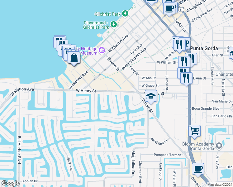 map of restaurants, bars, coffee shops, grocery stores, and more near 711 West Henry Street in Punta Gorda