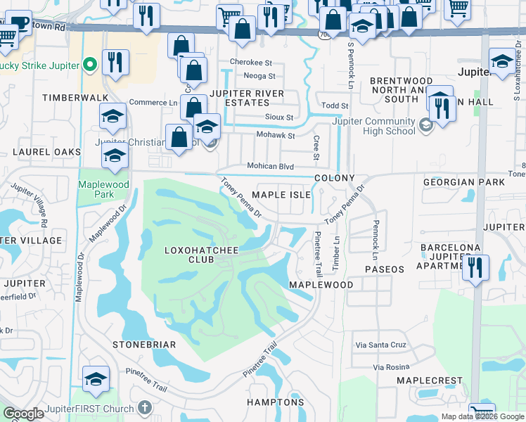 map of restaurants, bars, coffee shops, grocery stores, and more near 208 Jones Creek Drive in Jupiter