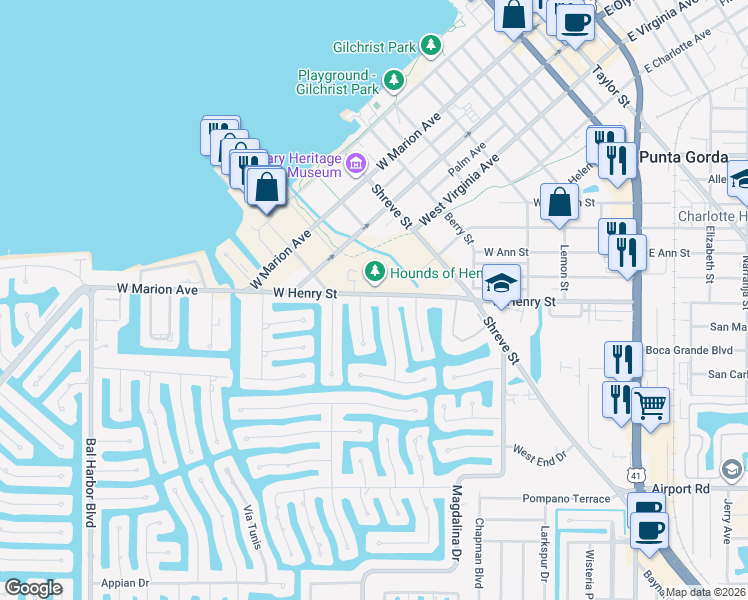map of restaurants, bars, coffee shops, grocery stores, and more near 1098 West Virginia Avenue in Punta Gorda
