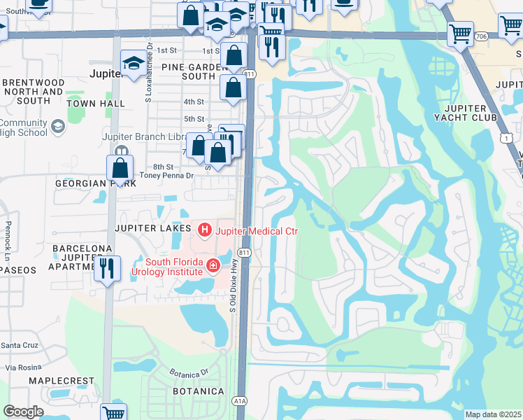 map of restaurants, bars, coffee shops, grocery stores, and more near 3941 Back Bay Drive in Jupiter