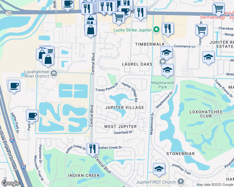 map of restaurants, bars, coffee shops, grocery stores, and more near 101 Lakewood Drive in Jupiter