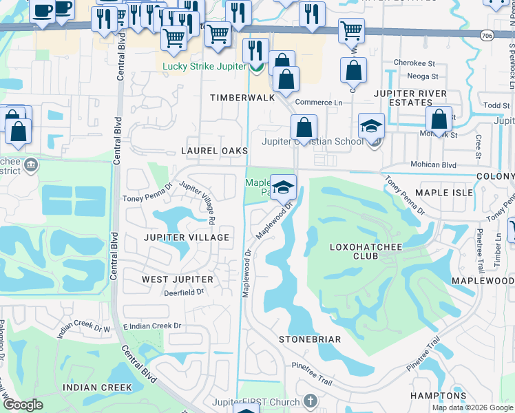 map of restaurants, bars, coffee shops, grocery stores, and more near 137 Egret Drive in Jupiter
