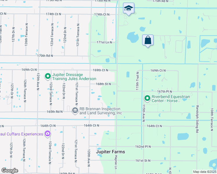 map of restaurants, bars, coffee shops, grocery stores, and more near 11828 168th Street North in Jupiter