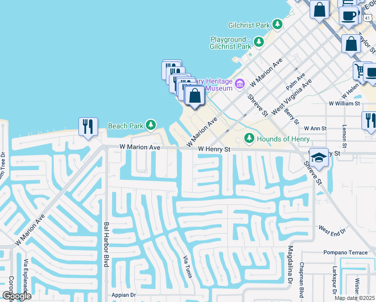 map of restaurants, bars, coffee shops, grocery stores, and more near 201 Marion Avenue in Punta Gorda