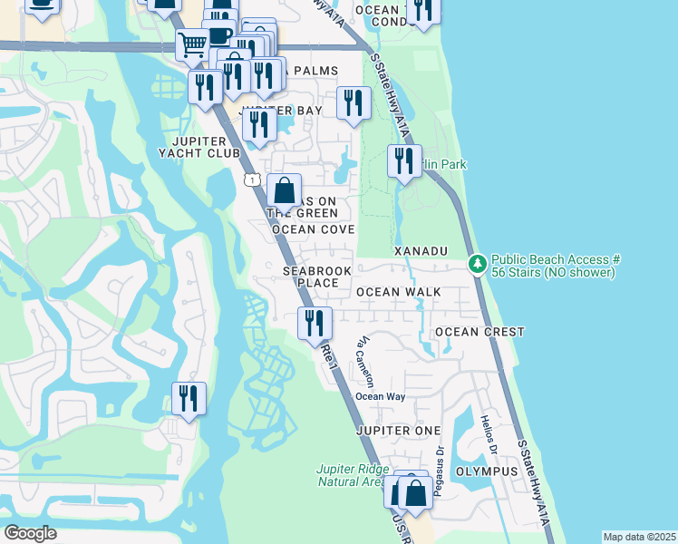 map of restaurants, bars, coffee shops, grocery stores, and more near 164 Seabreeze Circle in Jupiter