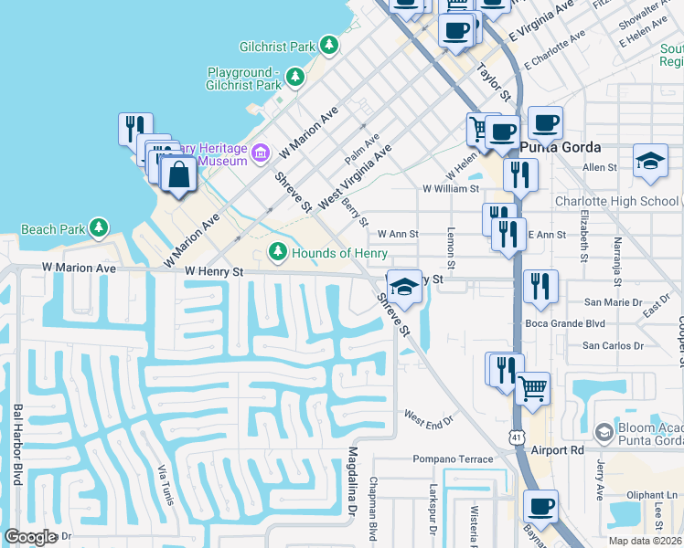 map of restaurants, bars, coffee shops, grocery stores, and more near West Henry Street in Punta Gorda