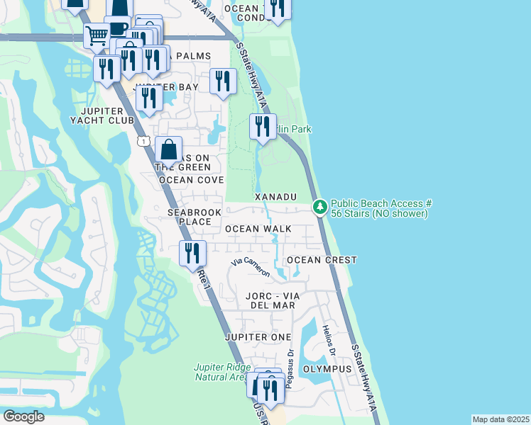 map of restaurants, bars, coffee shops, grocery stores, and more near 500 Xanadu Place in Jupiter