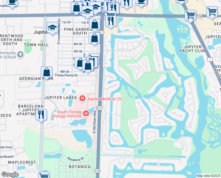 map of restaurants, bars, coffee shops, grocery stores, and more near 3941 Back Bay Drive in Jupiter