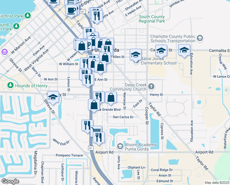 map of restaurants, bars, coffee shops, grocery stores, and more near 301 East Grace Street in Punta Gorda