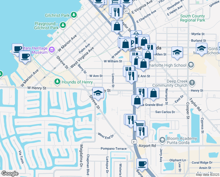map of restaurants, bars, coffee shops, grocery stores, and more near 321 West Grace Street in Punta Gorda