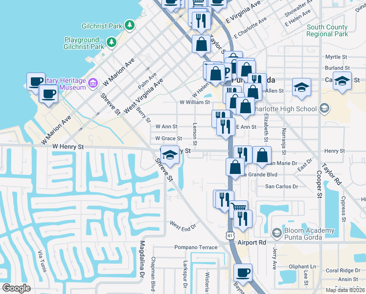 map of restaurants, bars, coffee shops, grocery stores, and more near 320 West Henry Street in Punta Gorda