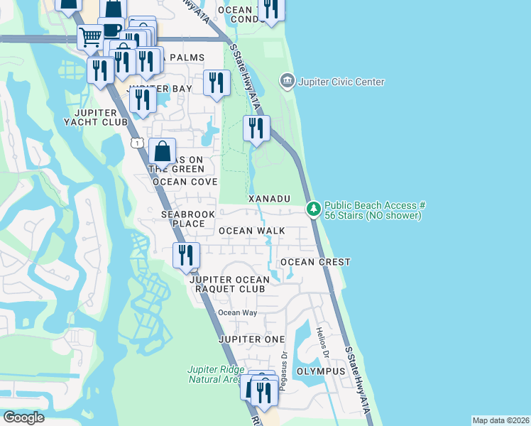 map of restaurants, bars, coffee shops, grocery stores, and more near 406 Xanadu Place in Jupiter