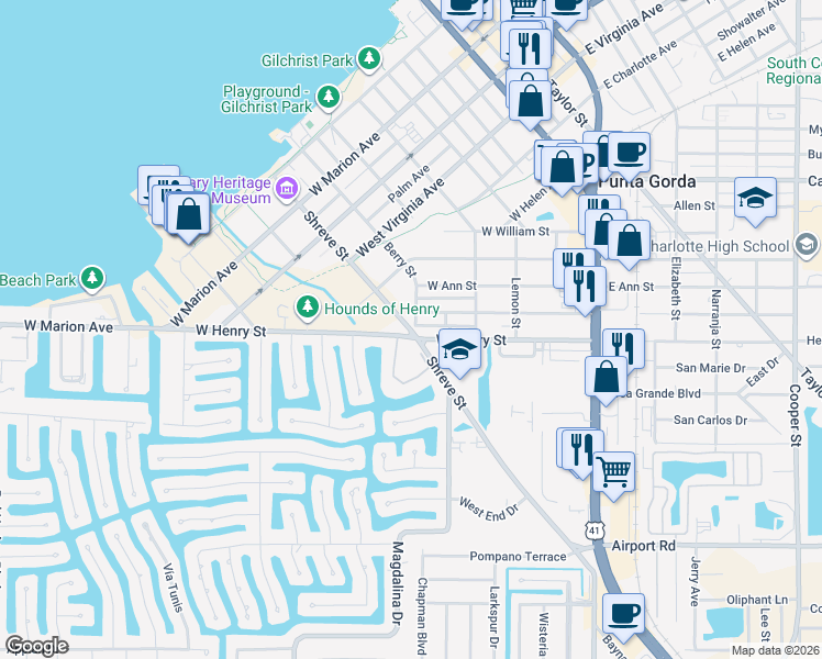map of restaurants, bars, coffee shops, grocery stores, and more near 602 Shreve Street in Punta Gorda