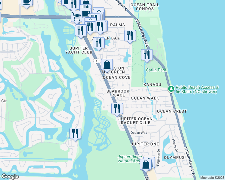 map of restaurants, bars, coffee shops, grocery stores, and more near 173 Seabreeze Circle in Jupiter