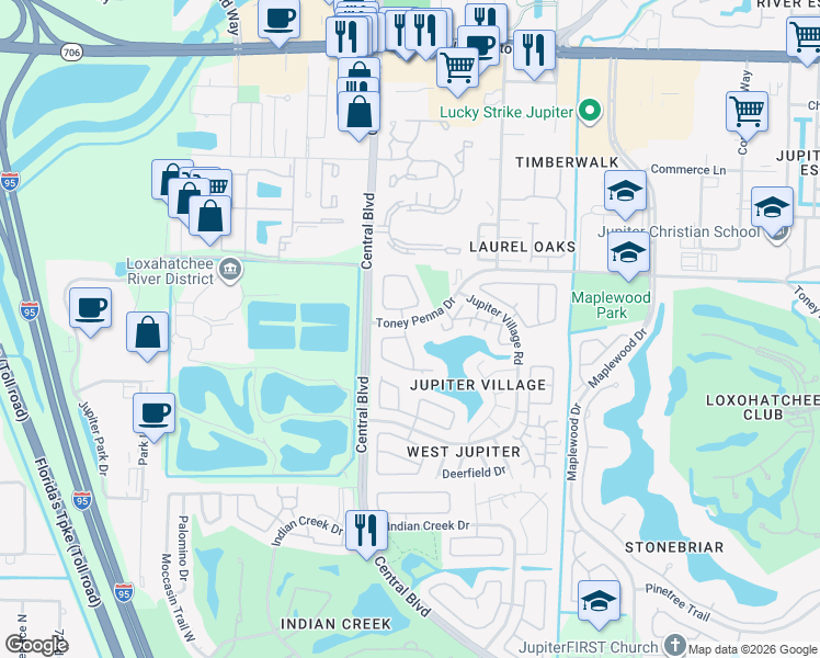 map of restaurants, bars, coffee shops, grocery stores, and more near 167 Lakeside Drive in Jupiter