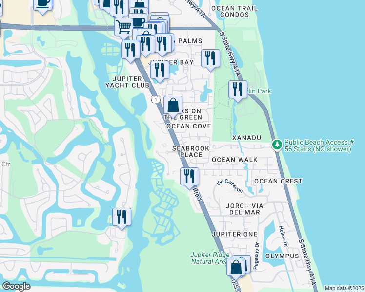 map of restaurants, bars, coffee shops, grocery stores, and more near 173 Seabreeze Circle in Jupiter