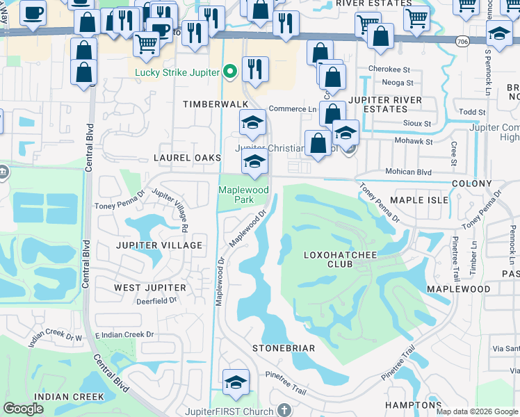 map of restaurants, bars, coffee shops, grocery stores, and more near 163 Spoonbill Court in Jupiter