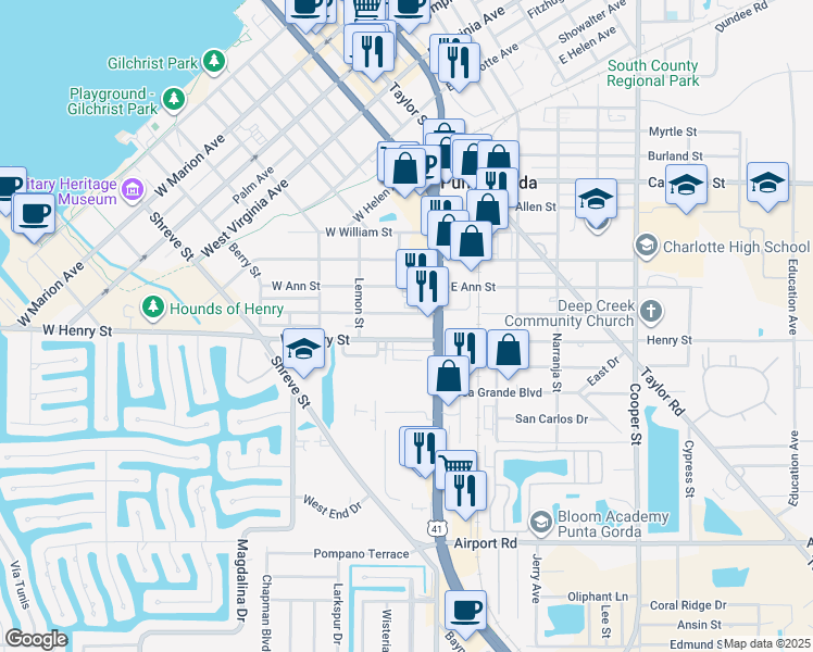 map of restaurants, bars, coffee shops, grocery stores, and more near 120 West Henry Street in Punta Gorda