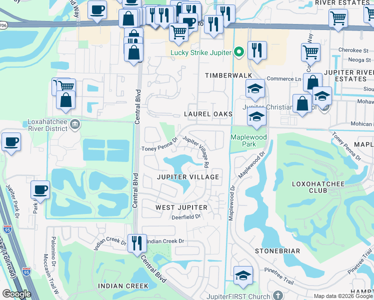 map of restaurants, bars, coffee shops, grocery stores, and more near 103 Lakewood Drive in Jupiter