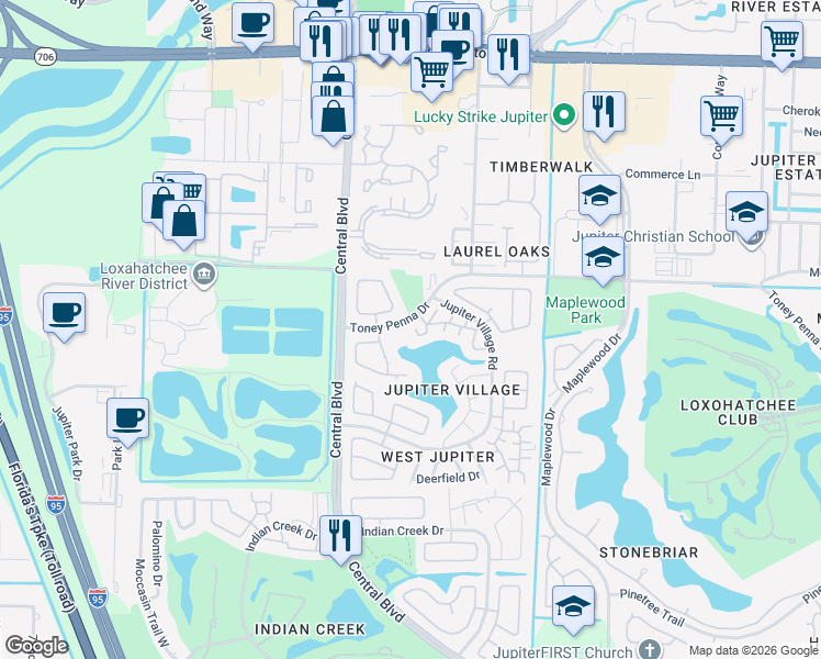 map of restaurants, bars, coffee shops, grocery stores, and more near 101 Lakewood Drive in Jupiter