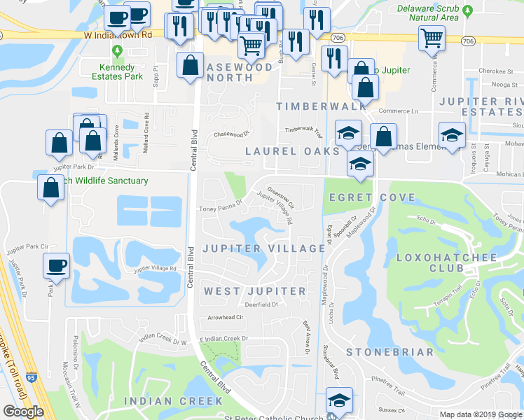 map of restaurants, bars, coffee shops, grocery stores, and more near 202 Lakewood Drive in Jupiter