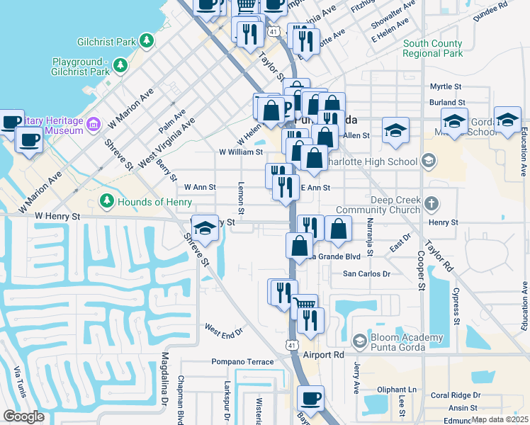 map of restaurants, bars, coffee shops, grocery stores, and more near 120 West Henry Street in Punta Gorda