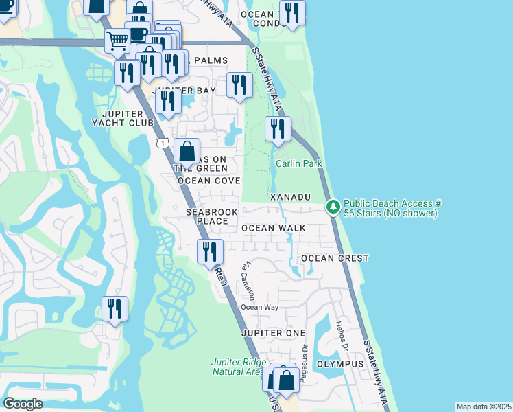 map of restaurants, bars, coffee shops, grocery stores, and more near 603 Xanadu Place in Jupiter