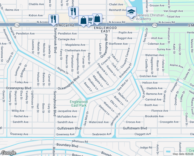 map of restaurants, bars, coffee shops, grocery stores, and more near 7225 Bridgeport Lane in Englewood