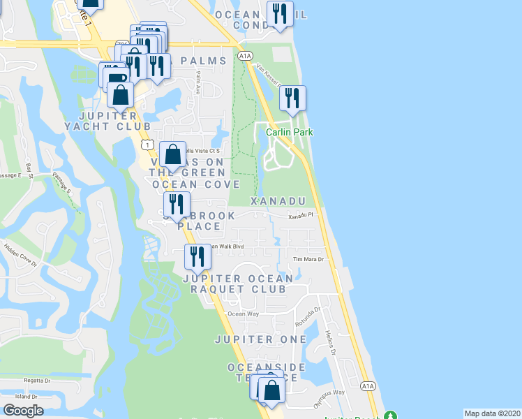 map of restaurants, bars, coffee shops, grocery stores, and more near 503 Xanadu Place in Jupiter