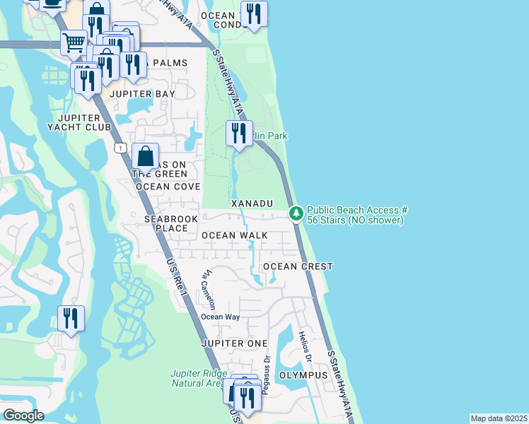 map of restaurants, bars, coffee shops, grocery stores, and more near 305 Xanadu Place in Jupiter