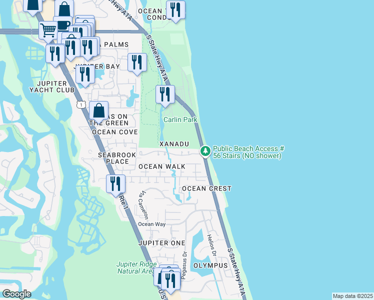 map of restaurants, bars, coffee shops, grocery stores, and more near 205 Xanadu Place in Jupiter