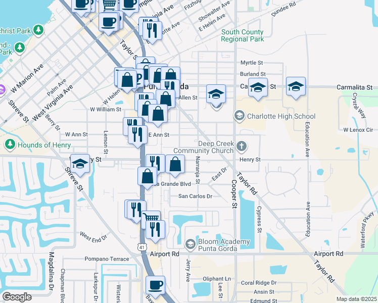 map of restaurants, bars, coffee shops, grocery stores, and more near 301 East Grace Street in Punta Gorda