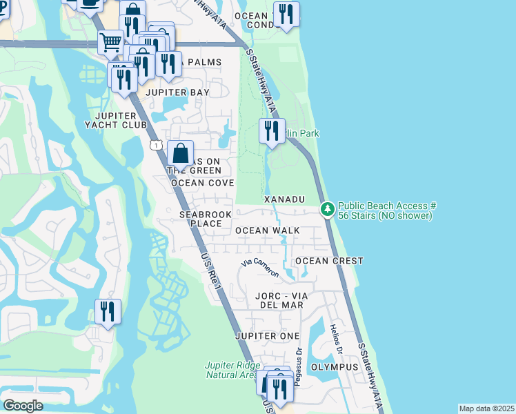map of restaurants, bars, coffee shops, grocery stores, and more near 603 Xanadu Place in Jupiter