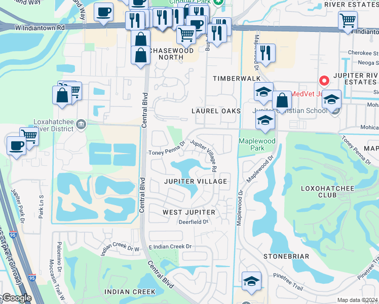 map of restaurants, bars, coffee shops, grocery stores, and more near 101 Lakewood Drive in Jupiter