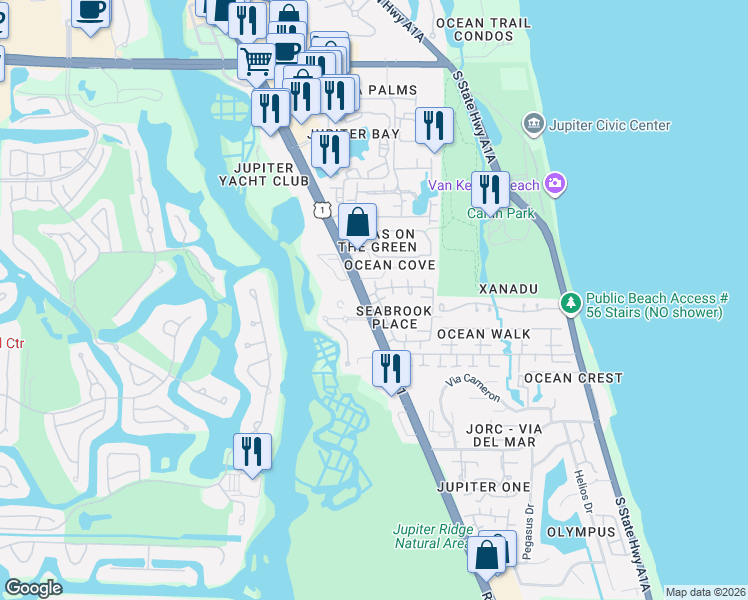 map of restaurants, bars, coffee shops, grocery stores, and more near 169 Seabreeze Circle in Jupiter
