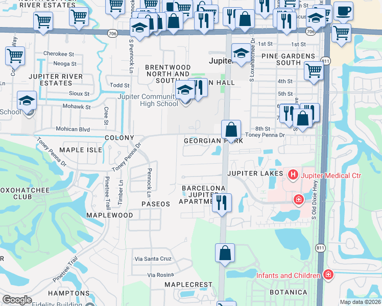 map of restaurants, bars, coffee shops, grocery stores, and more near 215 Georgian Park Drive in Jupiter
