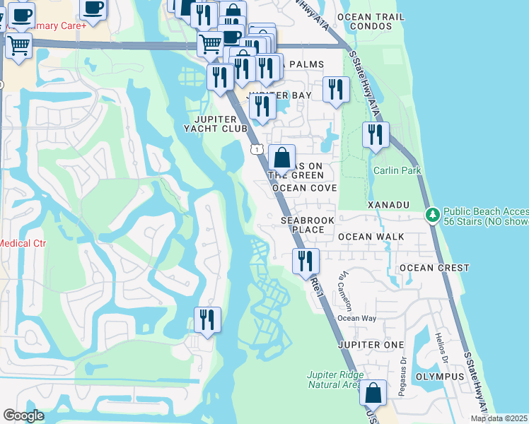 map of restaurants, bars, coffee shops, grocery stores, and more near 110 Mangrove Bay Way in Jupiter