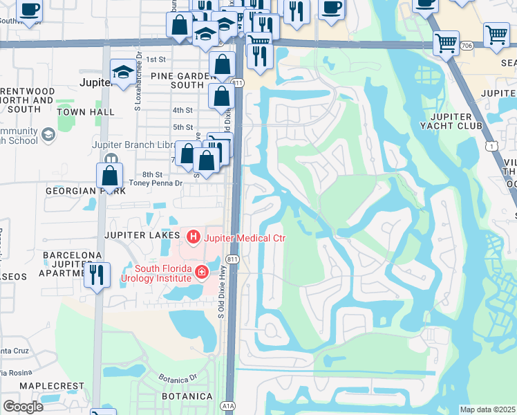 map of restaurants, bars, coffee shops, grocery stores, and more near 3941 Back Bay Drive in Jupiter