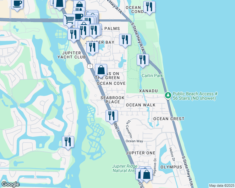 map of restaurants, bars, coffee shops, grocery stores, and more near 113 Seabreeze Circle in Jupiter