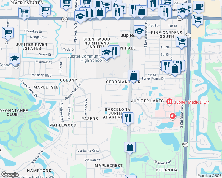 map of restaurants, bars, coffee shops, grocery stores, and more near 211 Georgian Park Drive in Jupiter