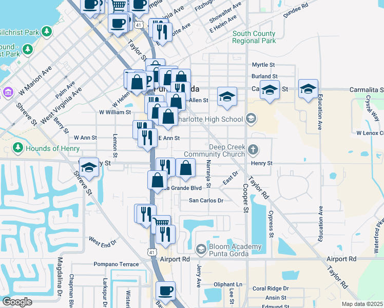 map of restaurants, bars, coffee shops, grocery stores, and more near 301 East Grace Street in Punta Gorda