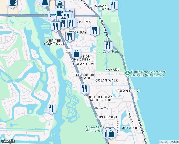 map of restaurants, bars, coffee shops, grocery stores, and more near 278 Seabreeze Circle in Jupiter